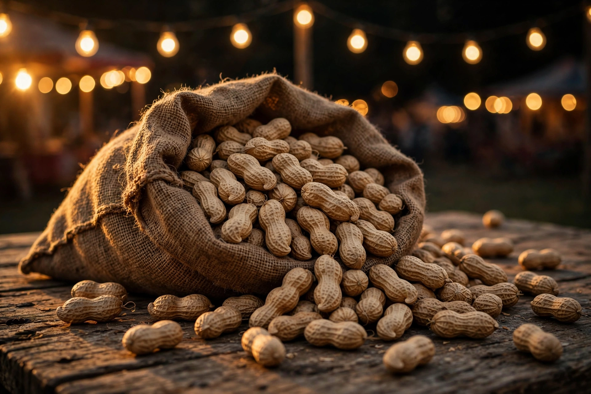 A burlap sack overflowing with large in-shell peanuts under carnival string lights